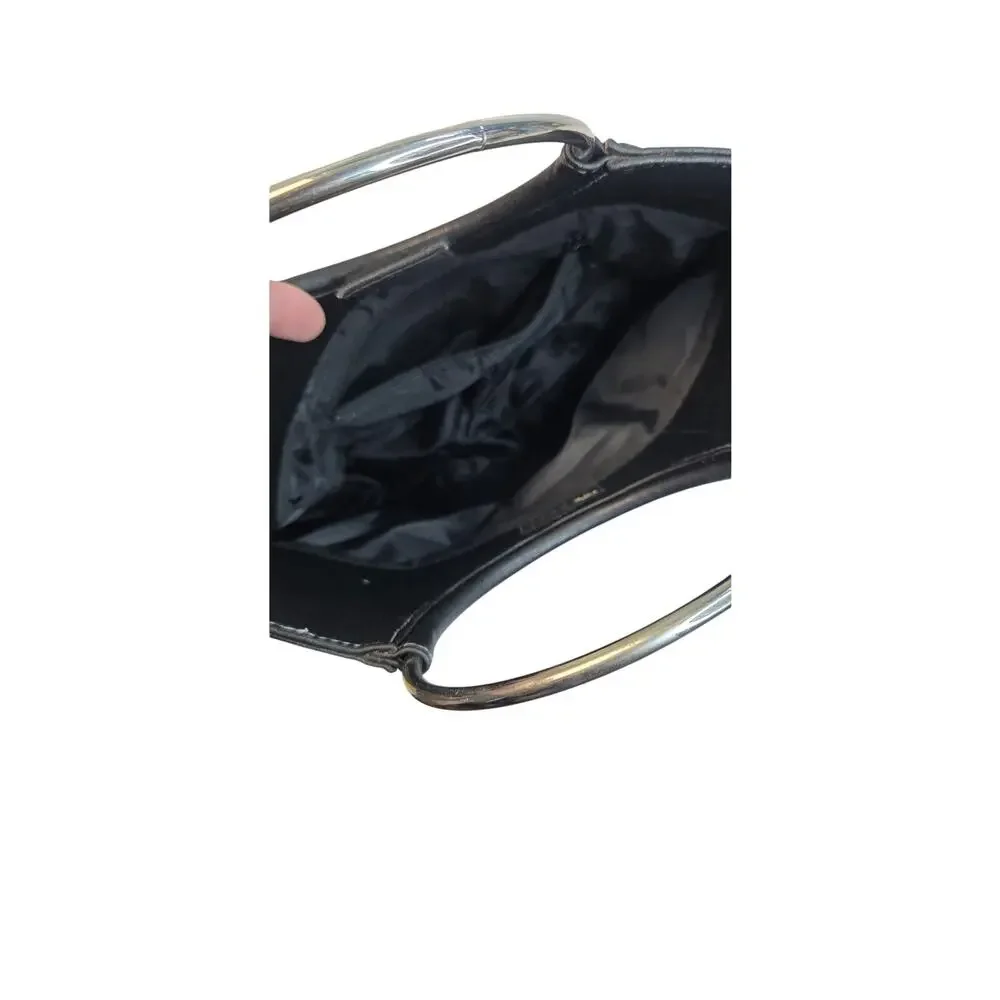 Vintage 90s Black Faux Leather Metal O Ring Circle Handle Tote Bag Minimalist - Picture 2 of 3